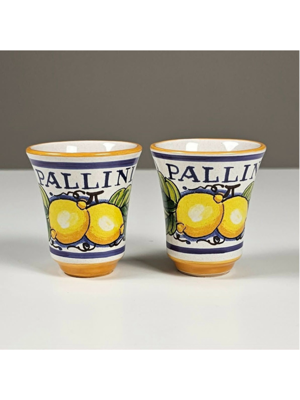 Set of 2 Deruta Pallini Limoncello Italian Pottery Shot Glasses - Excellent